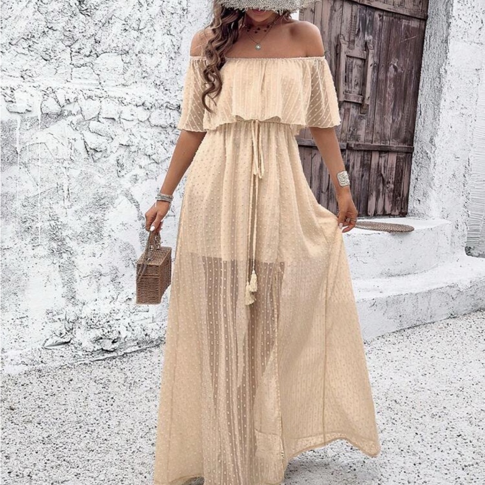 Elegant Off-Shoulder Cream Maxi Dress
